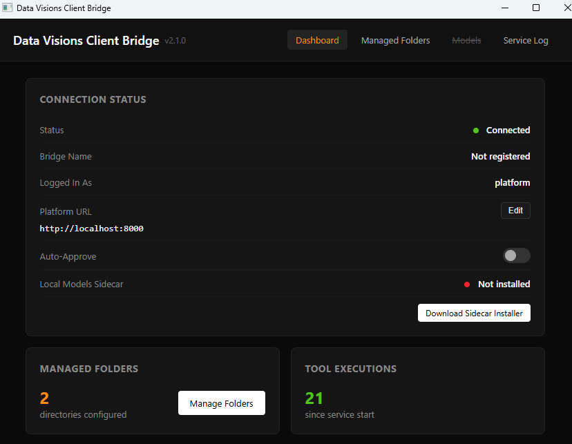 The DataVisions Bridge client installed on a Windows server — connection status, managed folders, tool executions