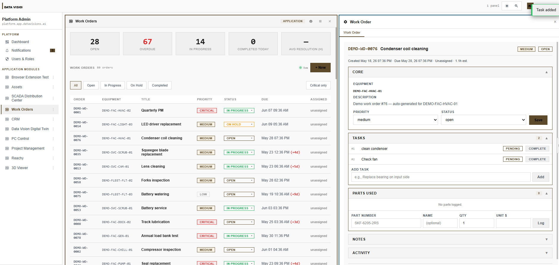 Work order module from a delivered platform
