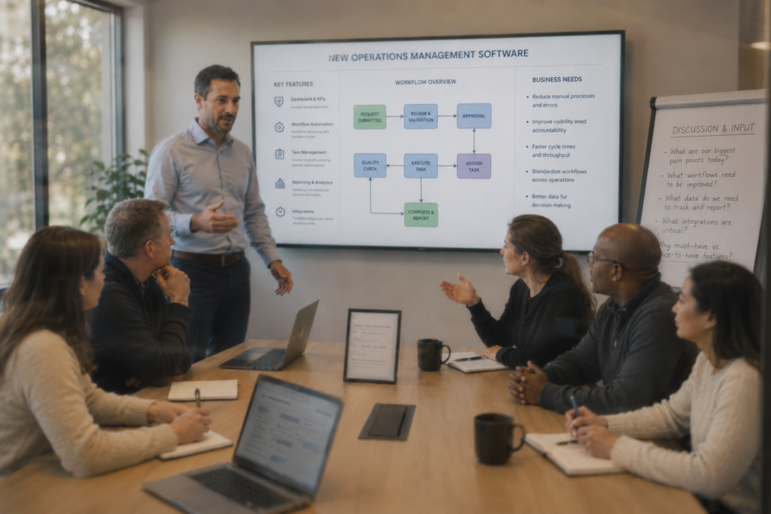Senior engineer presenting new operations management software to a team