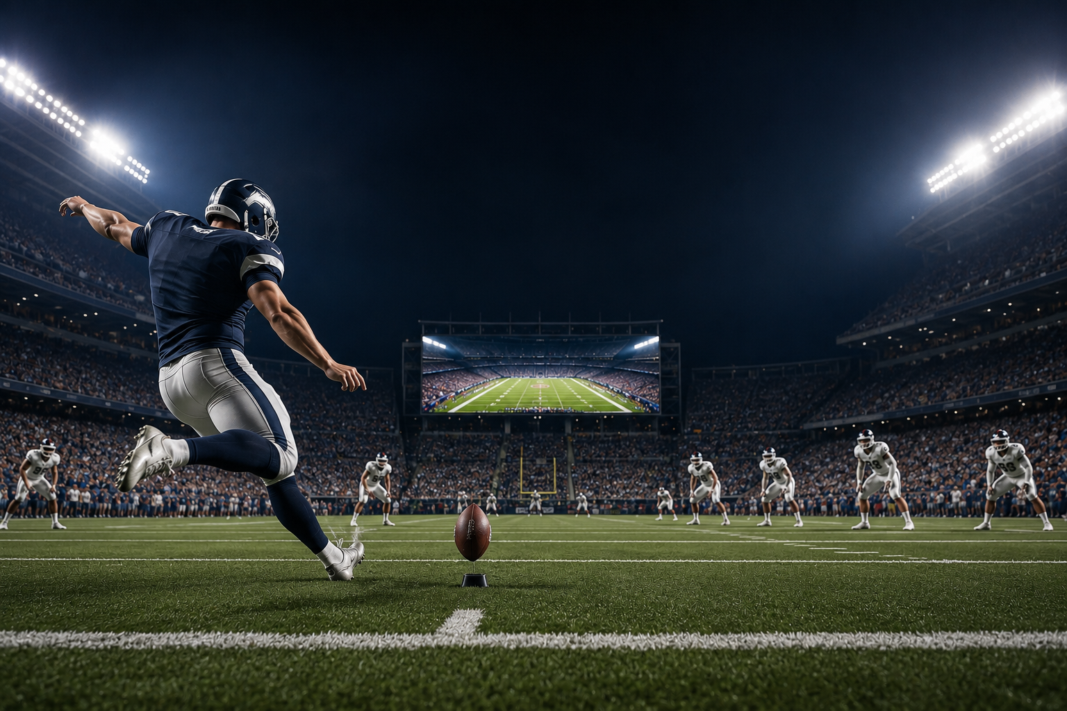 Football kicker at the moment of kickoff in a packed stadium