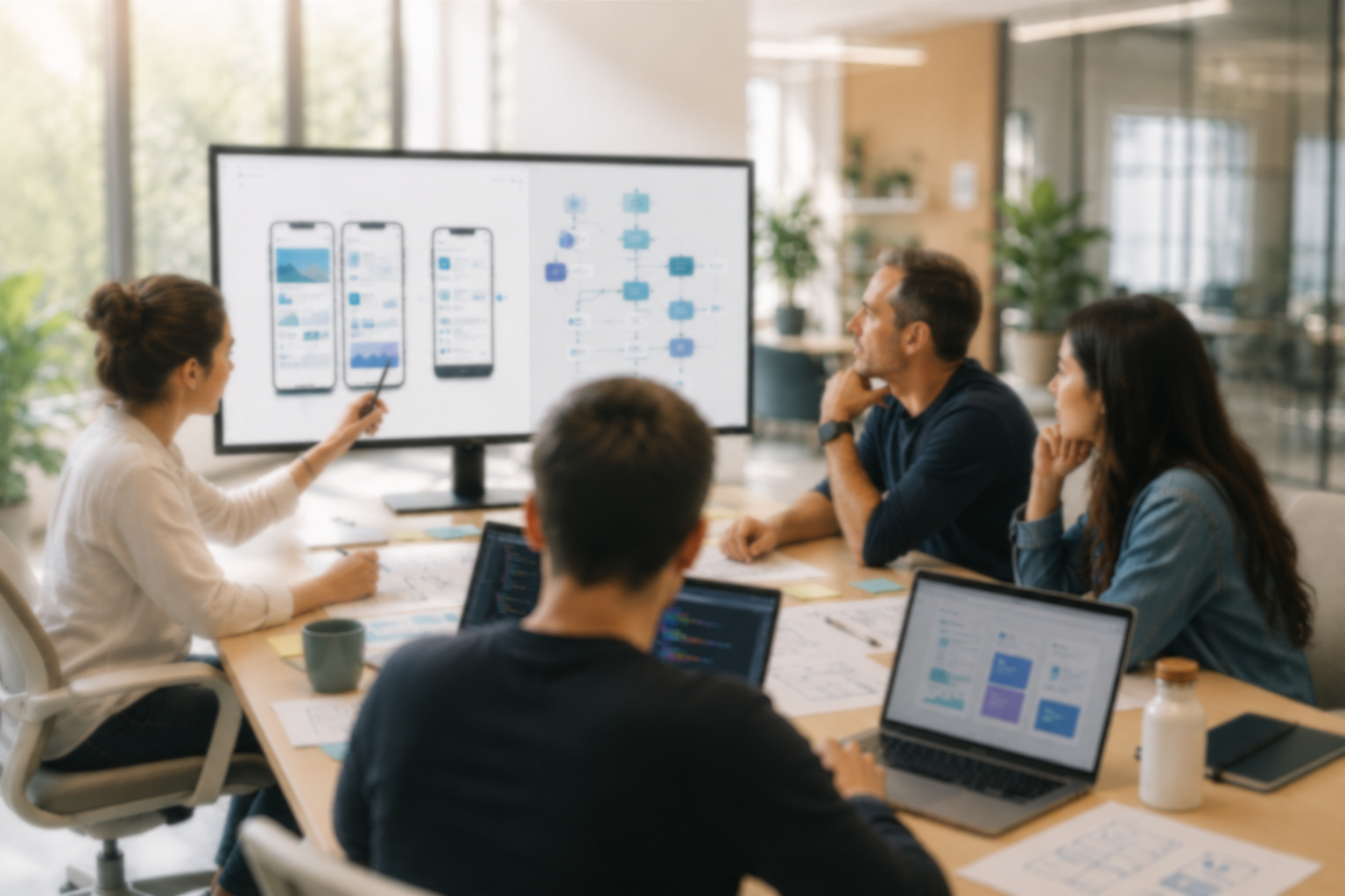 Team reviewing mobile app designs and workflow diagrams on a large screen