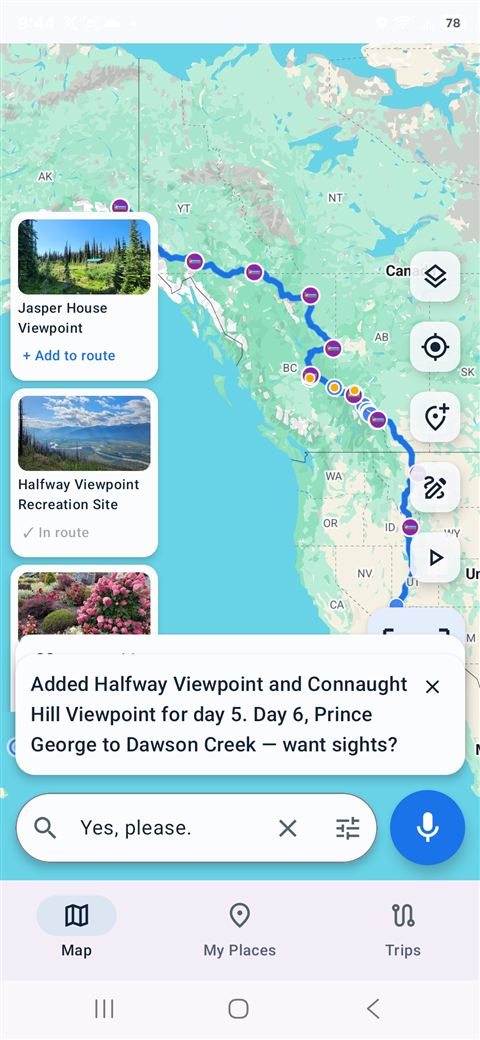 OpenRoam — copilot planning an Alaska Highway trip day by day
