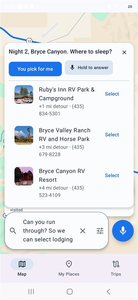 OpenRoam — copilot picking Night 2 lodging near Bryce Canyon