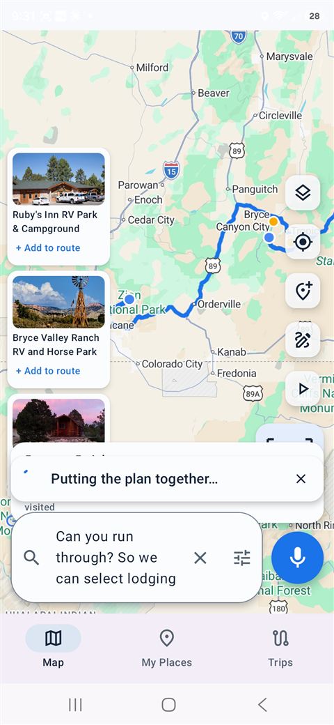 OpenRoam — copilot building a Utah route with campground stops
